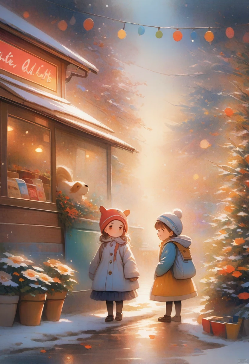 (masterpiece,photography,lifelike,)winter,heavy snow,snow,late night,Convenience store at night,supermarket,Huge glass windows,The old man and the dog in the window,bus stop