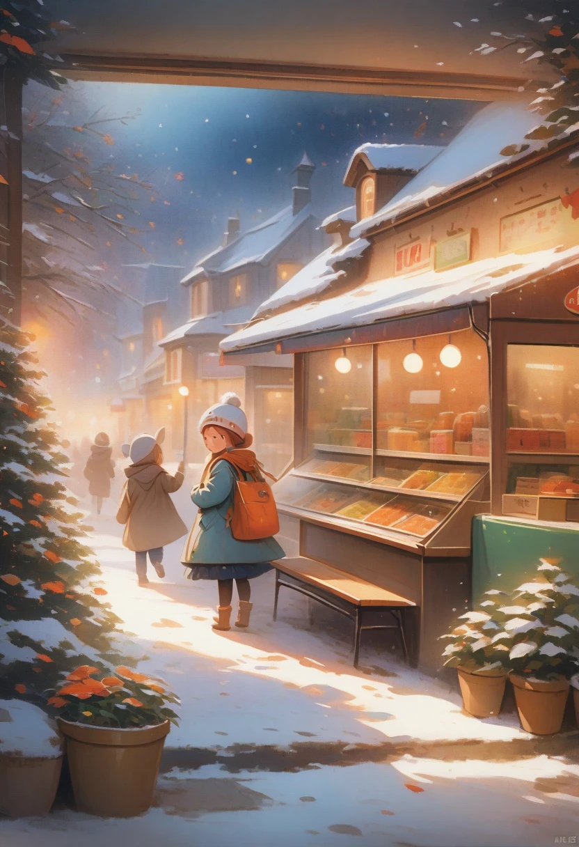 (masterpiece,photography,lifelike,)winter,heavy snow,snow,late night,Convenience store at night,supermarket,Huge glass windows,The old man and the dog in the window,bus stop