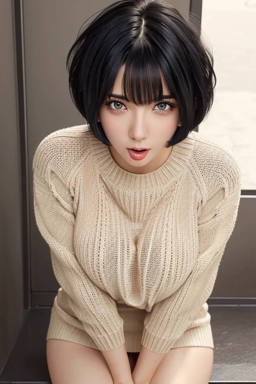 nsfw, huge tits, beautiful face, (black hair, short hair:1.3), Beautiful Hairstyles, realistic eyes, detailed and beautiful eyes, disorganized, cum in mouth, upskirt, sweater, dark cum