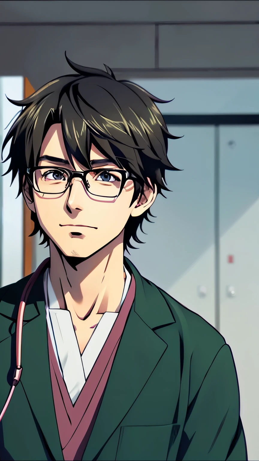 半袖のスクラブを着たanimeのmale性Doctor,male,boy,Doctor,29-year-old,habitual hair,clavicle,Stethoscope,black rim glasses,Japanese,white skin,Two dimensions,anime,
