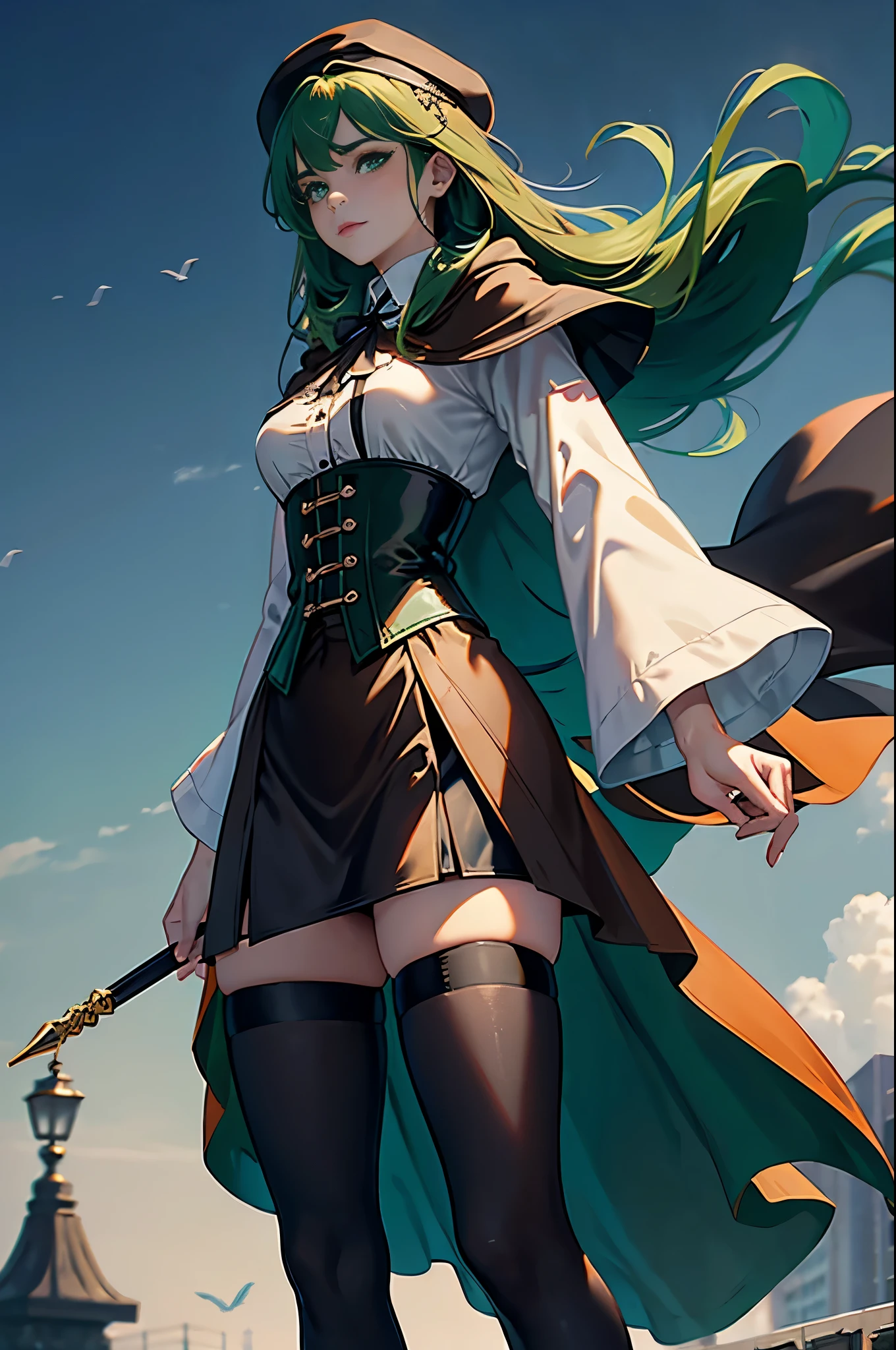 masterpiece, Super detailed, 8K portrait, RAW photo, portrait photography, highly detailed face, beautiful and detailed eyes, ((fantasy)), young and beautiful, 22 years ago, dynamic pose, (((long straight deep green hair))), ((One side is woven with orange ribbon)), dull bangs, beret, white skin color, luxury, hooded (((Dark brown))) (((Silk Long Cloak))) fluttering in the wind, (((dress shirt))), (((silk maxi skirt))), leather corset, (((dark thigh high tights))), High Cut Leather Boots, (((Lift a long magic wand))), ((wear a pocket watch)), midday sun, surreal, body model, small breasts, beautiful breasts, long legs, city, environmental lighting, shadow details , focus the camera on the face, strong wind, light fog