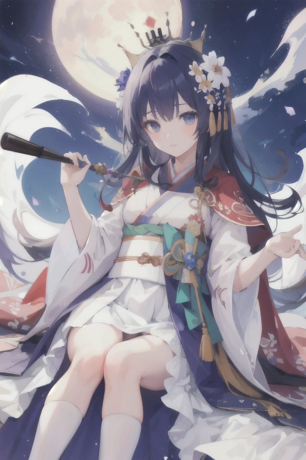 best quality, High_solve, clearly_image, Detailed background ,girl, Hanbok,flower,flower园,moon, night,Dutch Cape, Wide-angle lens, crown,