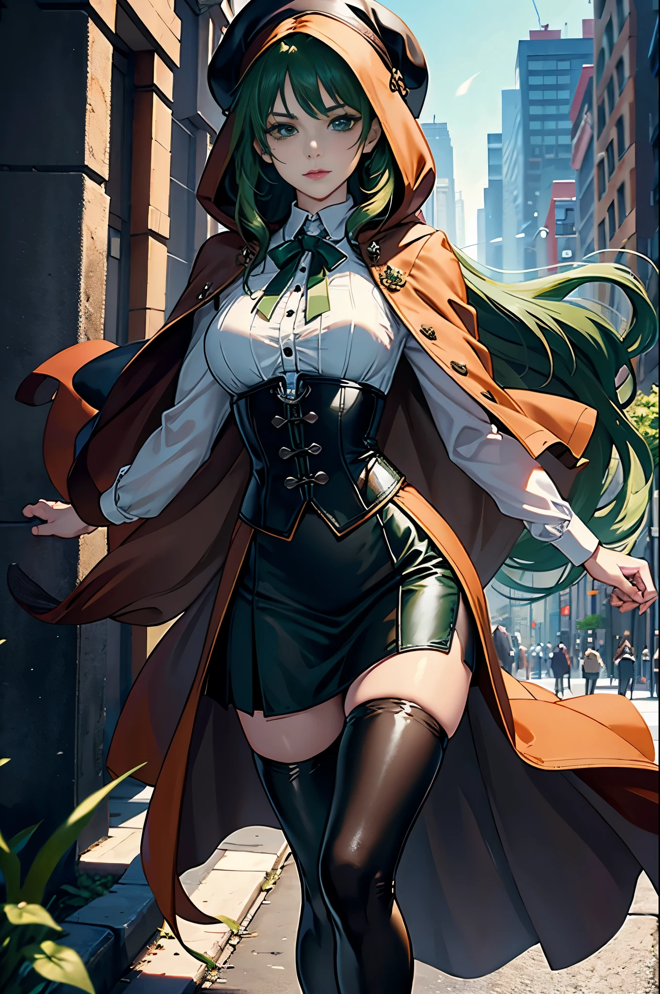 masterpiece, Super detailed, 8K portrait, RAW photo, portrait photography, highly detailed face, beautiful and detailed eyes, ((fantasy)), young and beautiful, 22 years ago, dynamic pose, (((long straight deep green hair))), ((One side is woven with orange ribbon)), dull bangs, beret, white skin color, luxury, hooded (((Dark brown))) (((Silk Long Cloak))) fluttering in the wind, (((dress shirt))), (((silk maxi skirt))), leather corset, (((dark thigh high tights))), High Cut Leather Boots, (((Lift a long magic wand))), ((wear a pocket watch)), midday sun, surreal, body model, small breasts, beautiful breasts, long legs, city, environmental lighting, shadow details , focus the camera on the face, strong wind, light fog