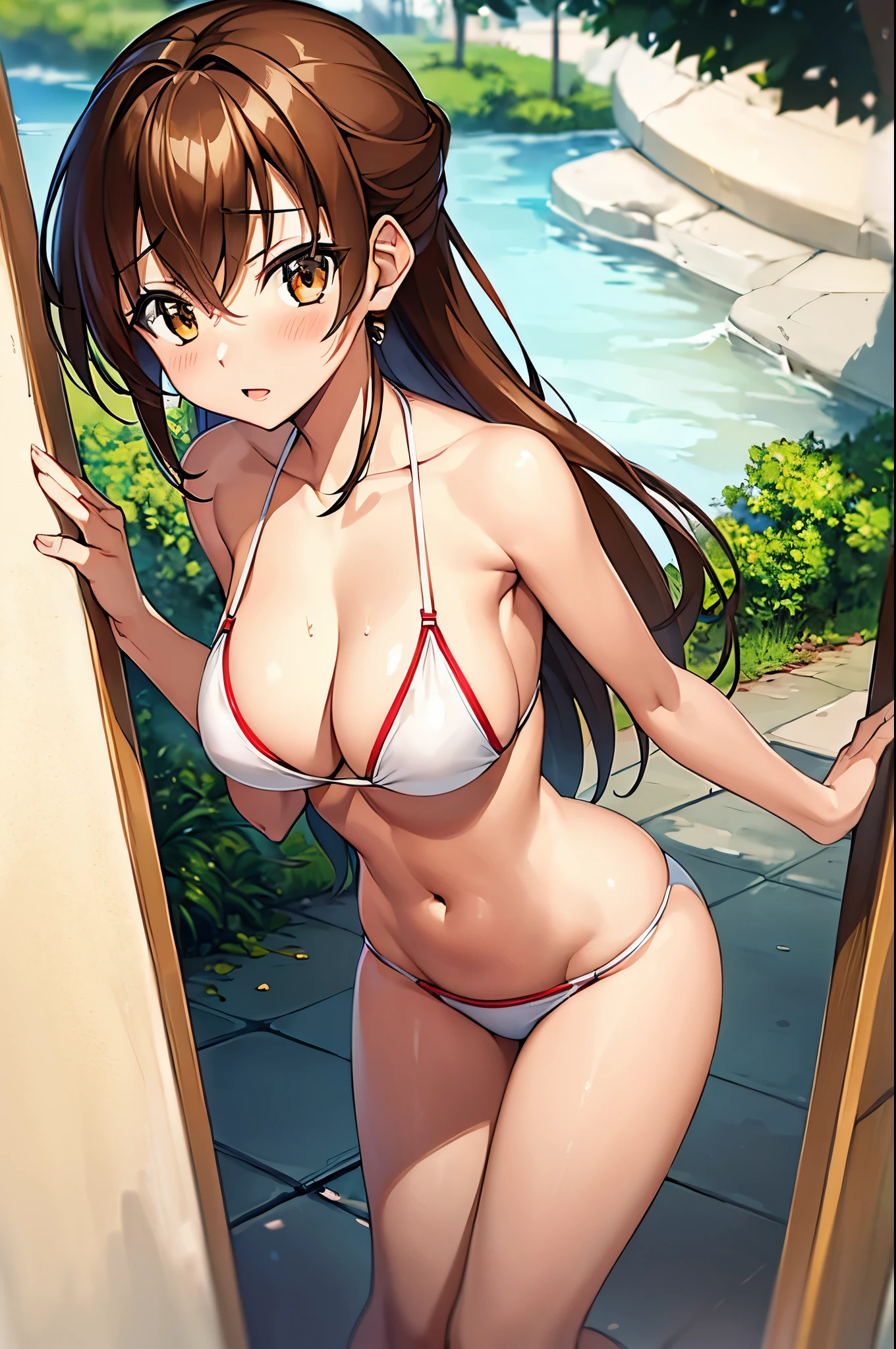  (masterpiece, best quality:1.2), expressive eyes, perfect face, highres, 1girl, solo, (female:1.5), issei_hyoudou, long hair, brown eyes, bikini, white bikini, floral bikini, blushing, very nervous, standing, portrait, looking at viewer,