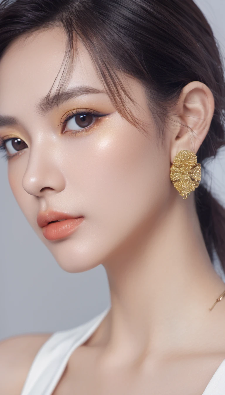 Stunning image of a futuristic scientist woman, very beautiful face, 35-year-old euroasian woman, long bobcut hair, white and gold colored hair, bold makeups, very beautiful eyes, beautiful thin lips, wearing futuristic mini skirts, tube top, big breasts, deep cleavage, standing in a futuristic labs, full HD photo, , hyper detailed body, perfect figure,
highly detailed, insanely detailed, beautiful,
realistic, stunning, perfect lighting, mind blowing, award winning, ray of lights, cinematic colors, cinematic lightings, ambient occlusion, volumetric lightings, raytracing, 8K, Ultra-HD, Hyper-realistic and platinum eyes, sharp and extremely detailed eye makeup, bold color glossy lipstick and plump and soft, beautiful perfect lips, surreal and ultra-sharp face, beautiful and well-proportioned teeth, straight white teeth, slim sharp face, half opened mouth, sharp gaze, beautiful adult face., perfect body in white croptop, half-body portrait, stunning looks, 32K resolution ultra HD, high angle shot, masterpiece, cinematic lightings