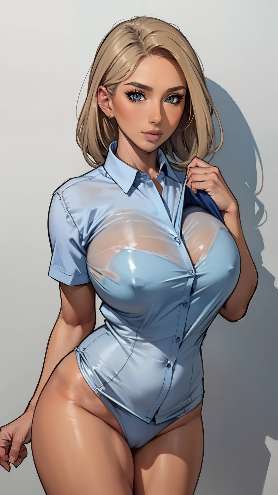 ((masterpiece)),(((best quality))),((character design sheet)),((rough sketch)),((vulgar)),thick thighs,1girl,blond hair,big ,((between breasts)),pussy juice,wearing an Wet sexual nurse uniforms,shirt harf lift,milking