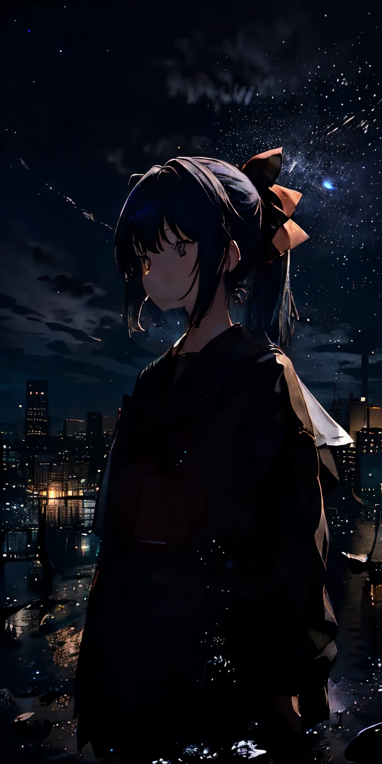 ((upper body, from front,), an extremely delicate and beautiful), High contrast, looking at viewer, floating hair,
starry,strry light,night,colorful,cloud,
HALO, white, blue, red, yellow,green, blue,purple,orange,,starry,sky,colorful,halftone,light_particles,
(extremely detailed CG unity 8k wallpaper, masterpiece, best quality, ultra-detailed, best shadow), 1girl solo, outdoors, flashlight, river, clear sky, sunset, cloud, cityscape, lights from citys, buildings,skyscrapers,
Frontlight, large breasts,
kamisato ayaka (heytea), kamisato ayaka, official alternate costume, ponytail, serafuku, blunt bangs, hair bow, black bow, hair ribbon, red ribbon, , sailor shirt, sailor collar, pleated skirt, grey eyes, light blue hair, mole under eye,