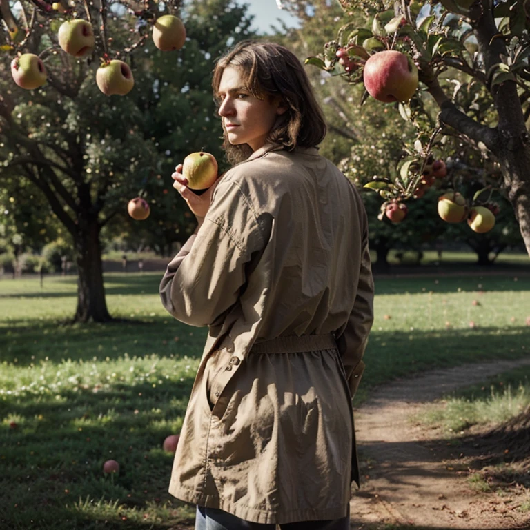 Create an image about Newton with his apple and behind Newton a tree and right behind you can see the sun and around Newton there are many apples and one must be falling 