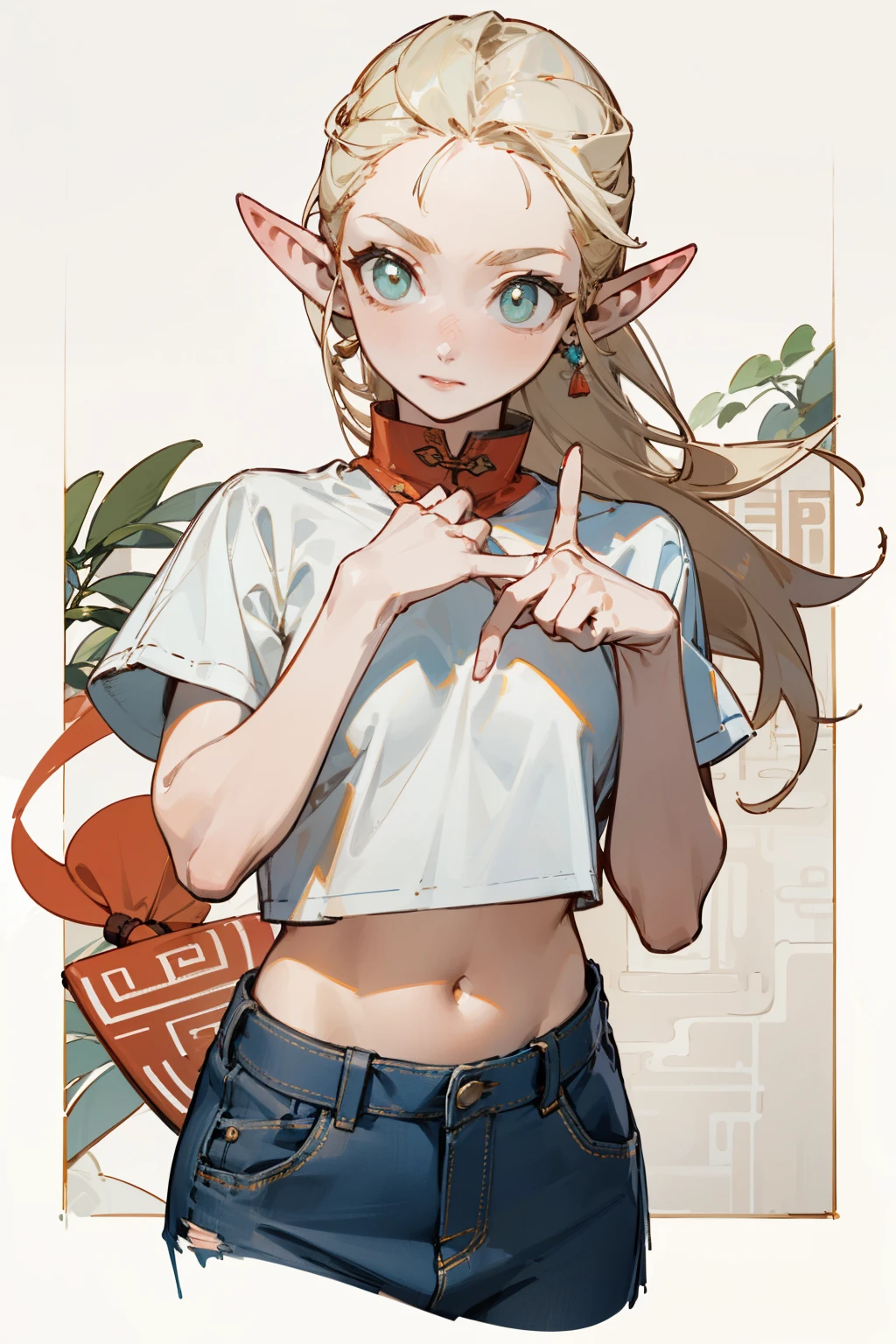 (masterpiece, best quality) detailed,silver accessories , Blonde ,elegant, pointed ears ,Chinese element pattern,Wear a white shirt and denim skirt,ripped cropped T-shirt,Navel exposed,