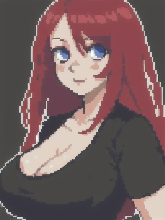 hcnone, pixel art, best quality, 1female, mature, girl, curvy body, long loose black T-shirt, curly red hair, blue eyes, half body, gigantic breasts, (freckles), detailed face and eyes, dynamic lighting