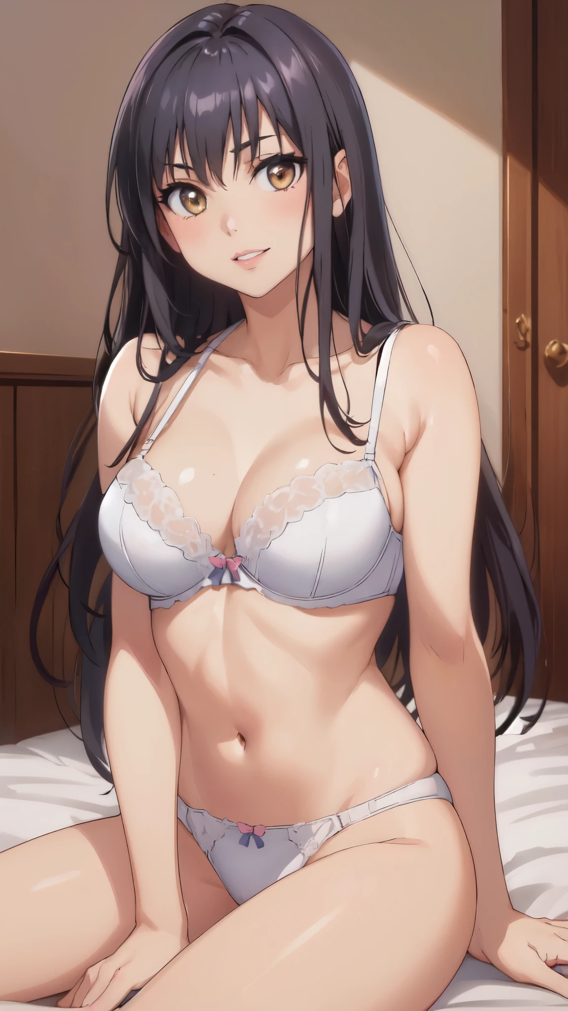 (masterpiece,Highest image quality,highest quality:1.3),(8k:1.4), defYui,(18-year-old),(Smile:1.3),(yellow eyes:1.3),(NSFW),(white top and bottom underwear:1.3),(white bra:1.3),(white camisole:1.3),big breasts, vivid color,(indoor, Bedroom;1.3), (pink lips,parted lips:1.2),blue sky, sitting on the bed, looking at the viewer, cowboy shot, head tilt