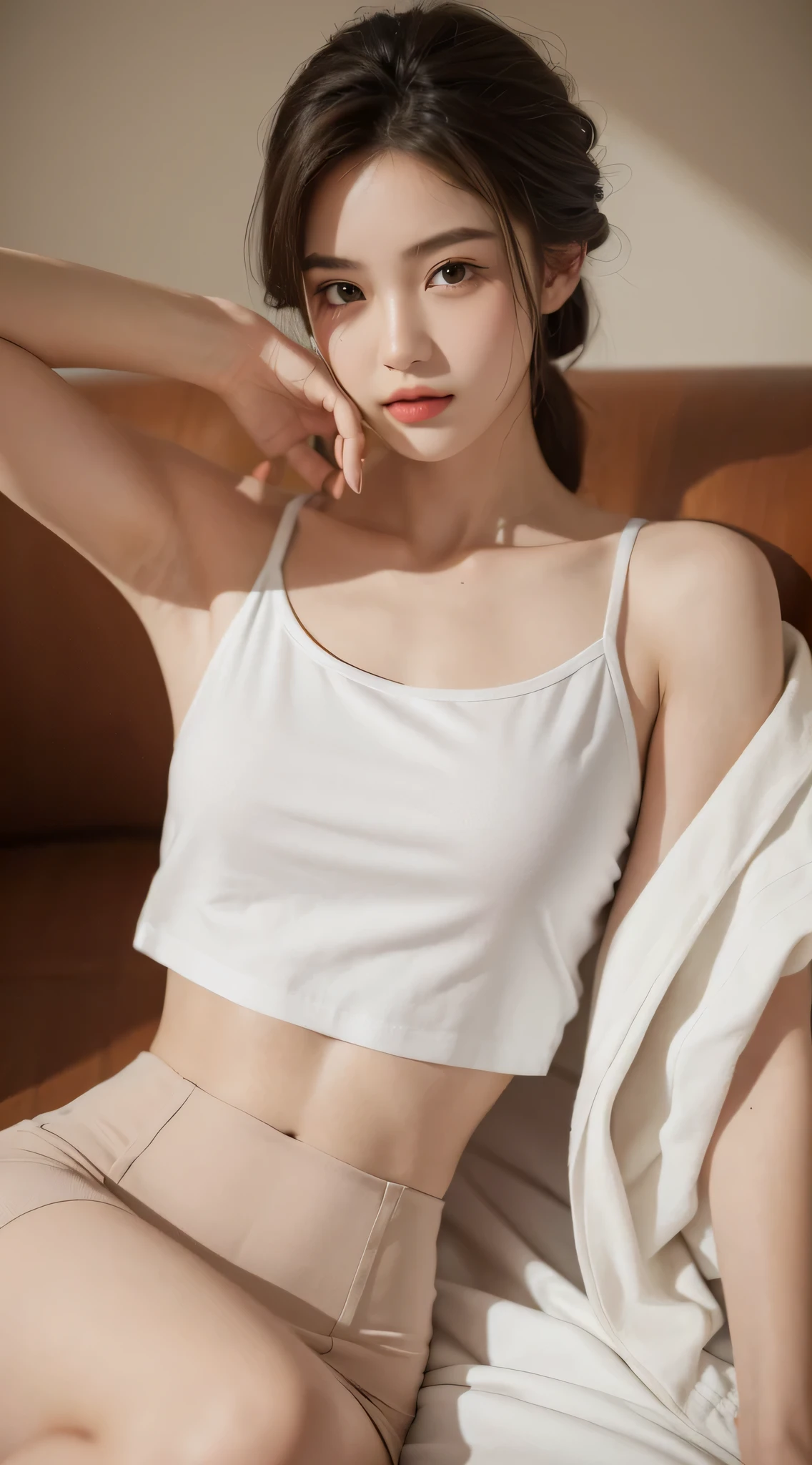 ((highest quality, 8K, masterpiece :1.3)), 1 girl, A cute woman who emphasizes her slender abdominal muscles :1.3, (random hairstyle :1.2), oversized tank top :1.2, super detailed face, fine eyes, double eyelid, armpit