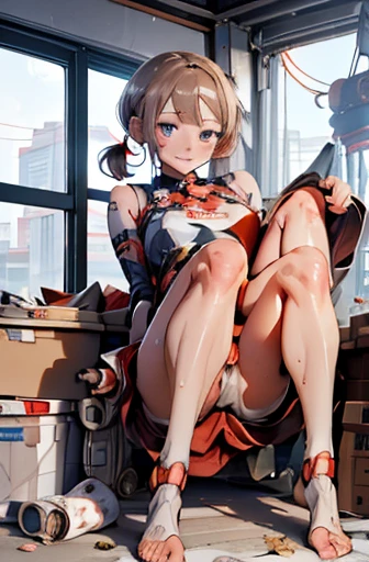 A Female robot is sleeping in bedroom, spread legs, nude, banzai pose. she wears no dress. She Brown short hair is tied with two big red clothespins, She lifts up the under hem of her white plain dress, leaning over, masterpiece, very short pigtails,brown hair, mature, android, blue eyes, full body figure, Height: 160cm, flushed cheeks, 2020s anime picture, A beautiful robot with short brown hair in two short pigtails held up by two very large huge red clothespins, Uplifting, No NSFW, whole body, barefoot, archaic smile, getting orgasm, 25 years old, sweat bucket.