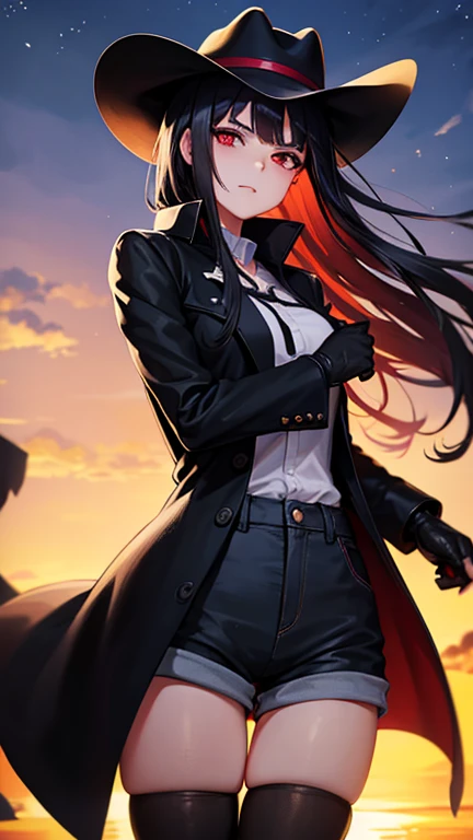 A western anime cowgirl, cowgirl, mature woman, outdoors, shorts, very long black coat, a crop top white button-down shirt under the coat, one raised handle on one side, red inside the black coat, cowboy hat, night sky, empty area, sand, black denim clothing, perfect anime quality, masterpiece, perfect face, black hair, red eyes, evil look, black gloves, leaning pose with a close look to the face