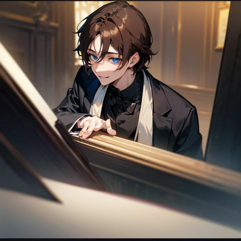 Anime,young man,navy blue eyes,brown hair,formal black suit,smile of a genius,castle,halls,Bungou Stray Dogs artstyle,(best quality,4k,8k,highres,masterpiece:1.2),ultra-detailed,(realistic,photorealistic,photo-realistic:1.37),HDR,UHD,studio lighting,portrait,vivid colors