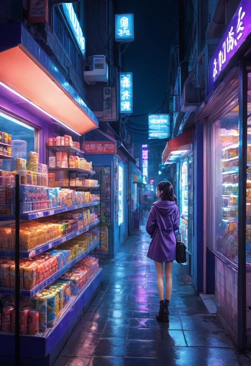 1girl, midnight convenience store, aesthetic, vibrant city lights, dimly lit shelves full of snacks and drinks, a cashier with tired eyes, fluorescent lighting casting a soft glow, late-night customers browsing the aisles, flickering neon signs outside the store, a sense of mystery and solitude, a hazy atmosphere with a touch of nostalgia, cinematic and atmospheric, high-res details capturing the smallest nuances, a combination of realism and dream-like quality, urban aesthetic blending with a hint of surrealism, cool blue and purple tones, soft shadows and subtle highlights, an ambiance that evokes a sense of tranquility and possibility in the midst of the night.