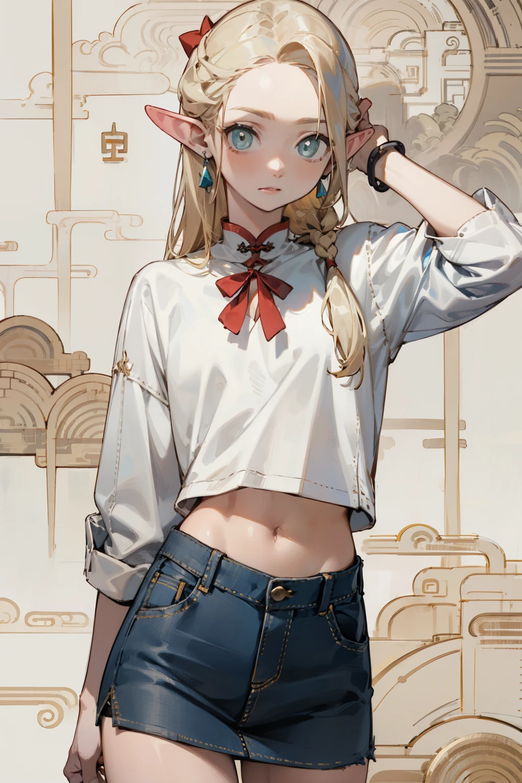 (masterpiece, best quality) detailed,silver accessories , Blonde ,elegant, pointed ears ，Chinese element pattern，Wear a white shirt and denim skirt,Navel exposed, 