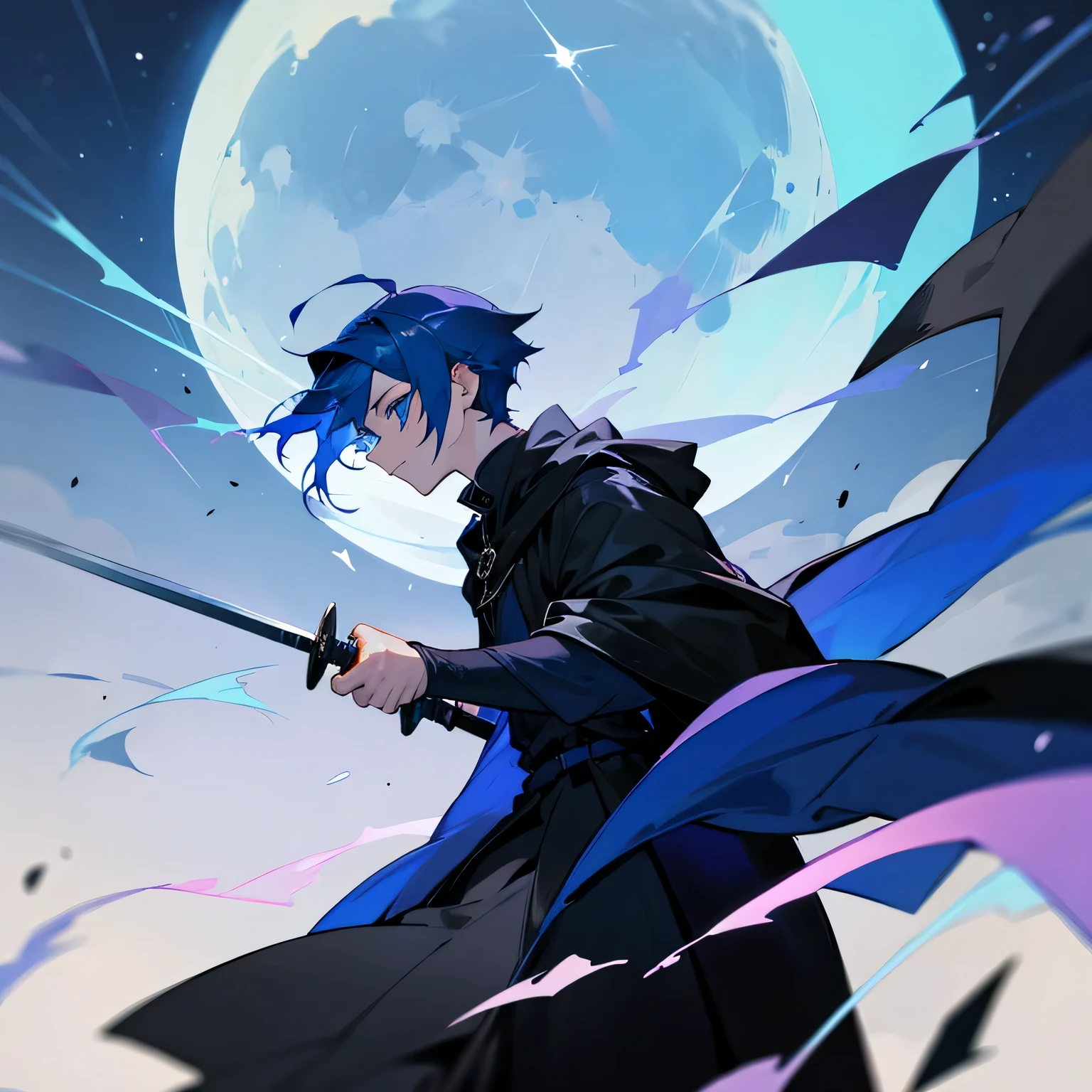 ,boy,sword,black clothes,blue hair,blue eyes,black cloak,moon,shooting star,