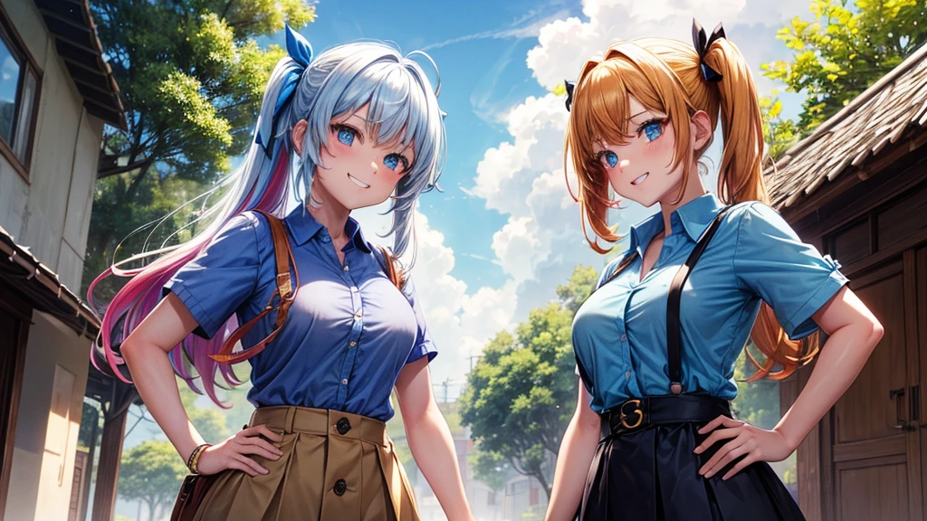 2girls, summer, village, trees, sun, clouds, chestnut hair, side ponytail, large breasts, ((popping shirt buttons)), button down, unbuttoning buttons, dark blue eyes, ((pale blue shirt)), ((unbuttoned shirt)), ((short sleeved shirt)), cleavage 1:3, white skirt, brown shoes, grin, looking at the viewer, standing, hair ribbon, golden necklate