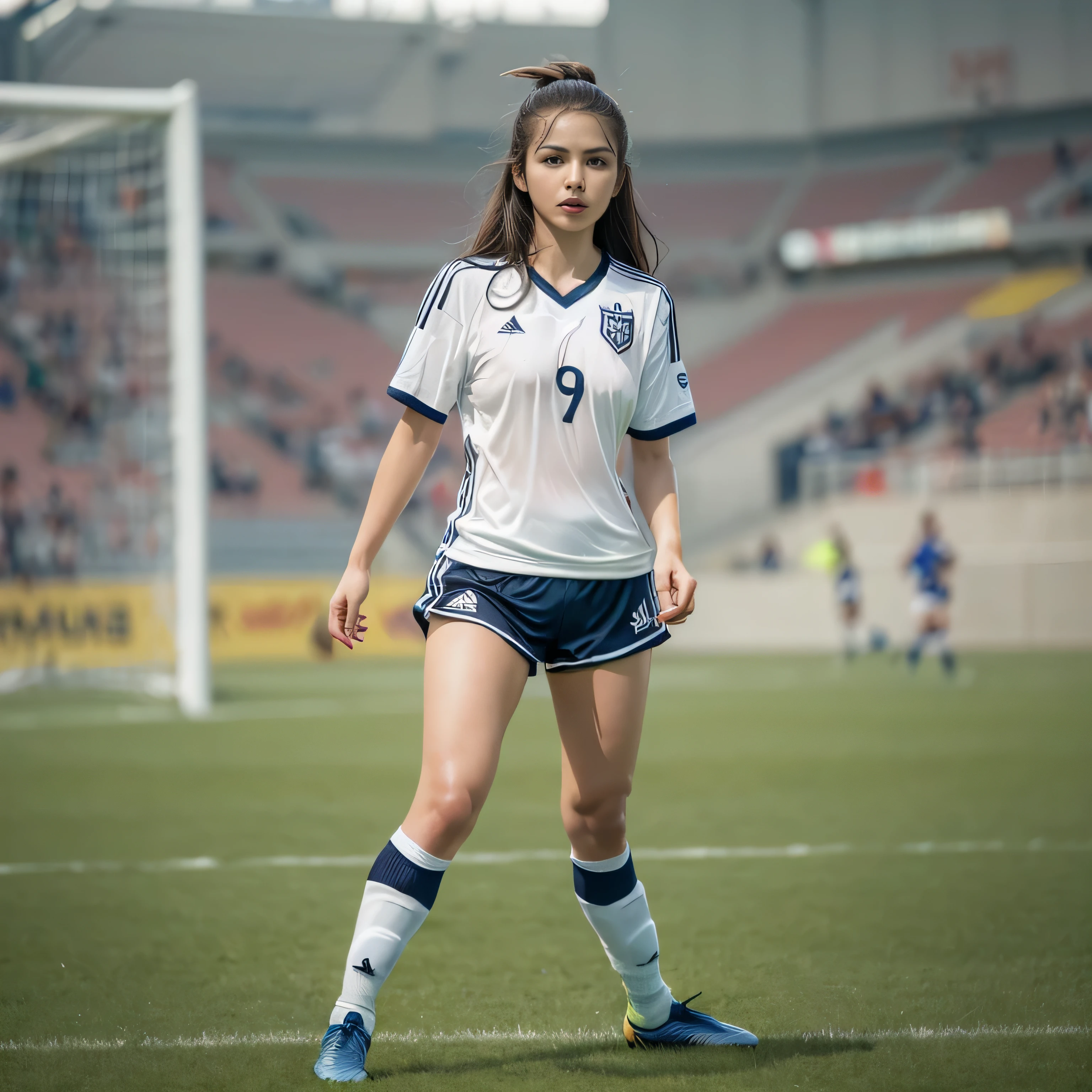 RAW image quality, (High resolution, highest quality, table top:1.4), ( girl :1.3), sparkling skin, narrow waist, Large chest teeth above the skin, (A woman in light soccer clothing:1.4), soccer uniform, short shorts, sweat a lot, (Above the football stadium:1.2), (Her panties are visible under her shorts:1.2), tight clothes, big breasts, ((pointed nipples:1.4)), pubic hair, angry look, blush, beautiful background, (Only one ball:1.4), (Soccer ball with a diameter of 21 cm:1.4), Detailed CG image quality, biologically correct,
