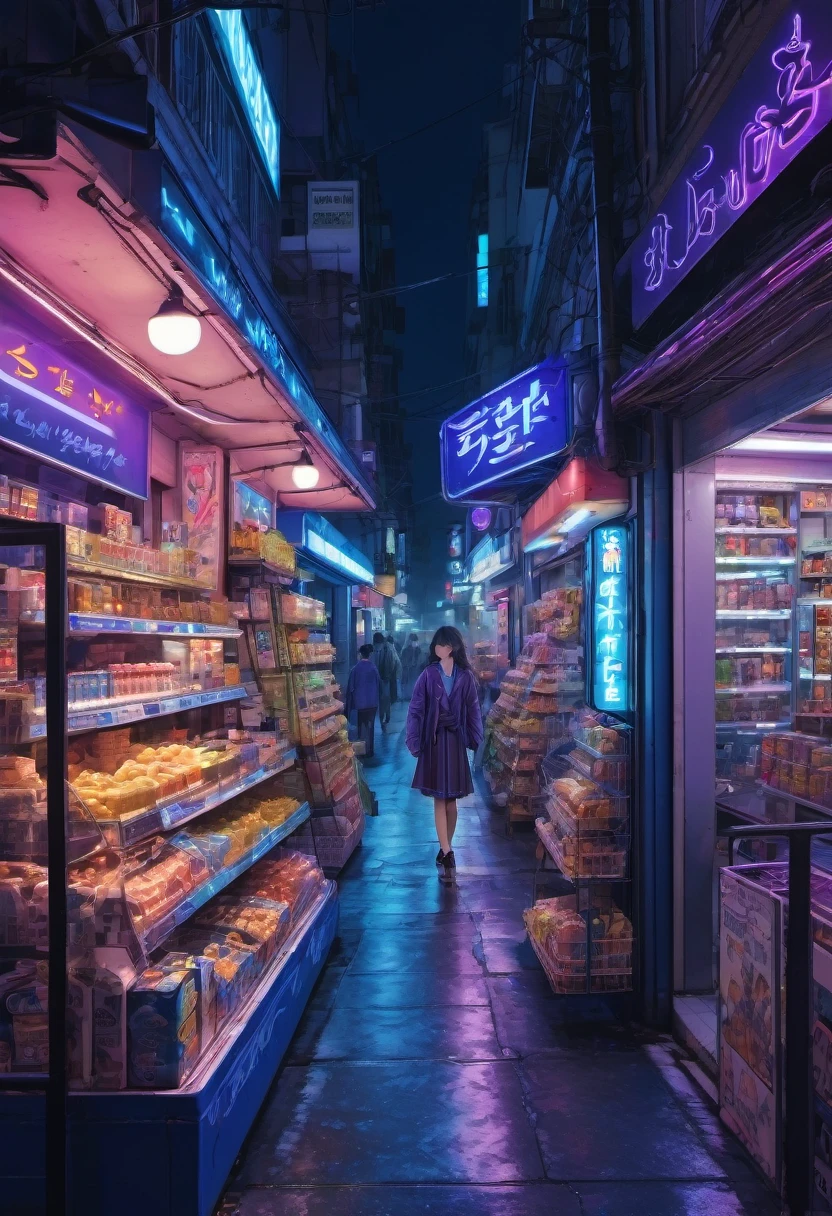 1girl, midnight convenience store, aesthetic, vibrant city lights, dimly lit shelves full of snacks and drinks, a cashier with tired eyes, fluorescent lighting casting a soft glow, late-night customers browsing the aisles, flickering neon signs outside the store, a sense of mystery and solitude, a hazy atmosphere with a touch of nostalgia, cinematic and atmospheric, high-res details capturing the smallest nuances, a combination of realism and dream-like quality, urban aesthetic blending with a hint of surrealism, cool blue and purple tones, soft shadows and subtle highlights, an ambiance that evokes a sense of tranquility and possibility in the midst of the night.
