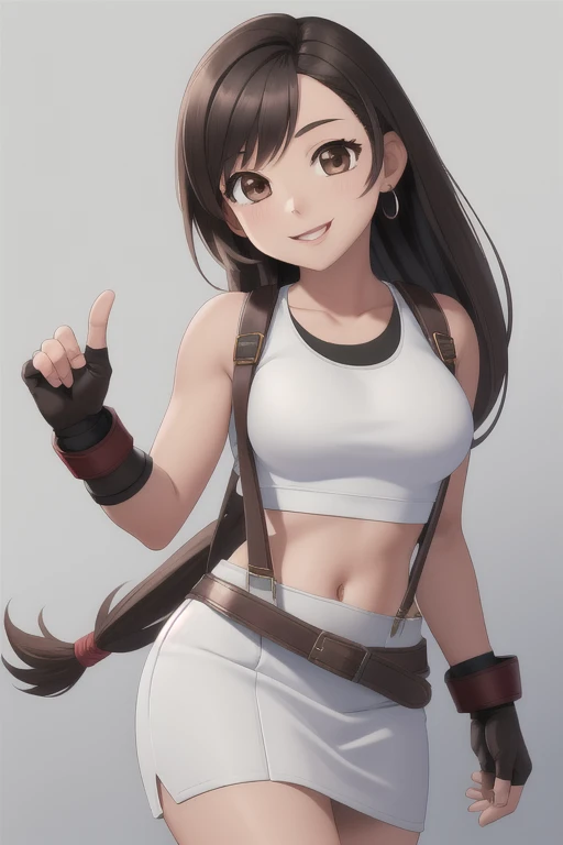 1girl, solo, masterpiece; looking at viewer, smiling; defTifa, white crop top, elbow pad, fingerless gloves, suspenders, pencil skirt