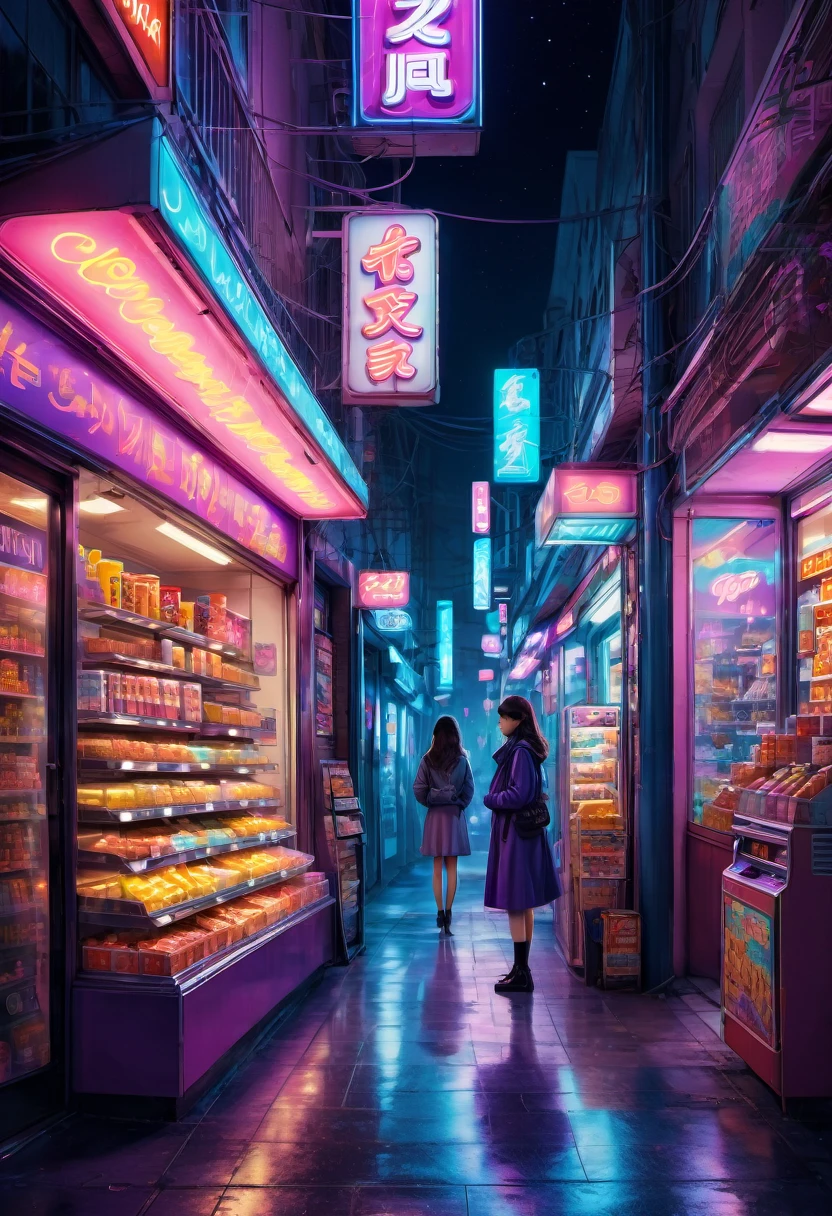 1girl, midnight convenience store, aesthetic, vibrant city lights, dimly lit shelves full of snacks and drinks, a cashier with tired eyes, fluorescent lighting casting a soft glow, late-night customers browsing the aisles, flickering neon signs outside the store, a sense of mystery and solitude, a hazy atmosphere with a touch of nostalgia, cinematic and atmospheric, high-res details capturing the smallest nuances, a combination of realism and dream-like quality, urban aesthetic blending with a hint of surrealism, cool blue and purple tones, soft shadows and subtle highlights, an ambiance that evokes a sense of tranquility and possibility in the midst of the night.