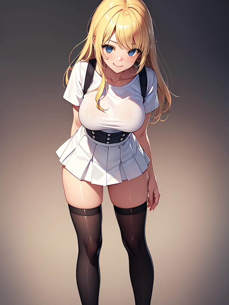  (highest quality, High resolution,  perfect pixel, Depth of bounds written, 4K), (1 girl), perfect body, blond hair, two side up, large breasts, white t-shirt, (black suspender skirt), (kneehighs), standing, leaning forward, light smile,