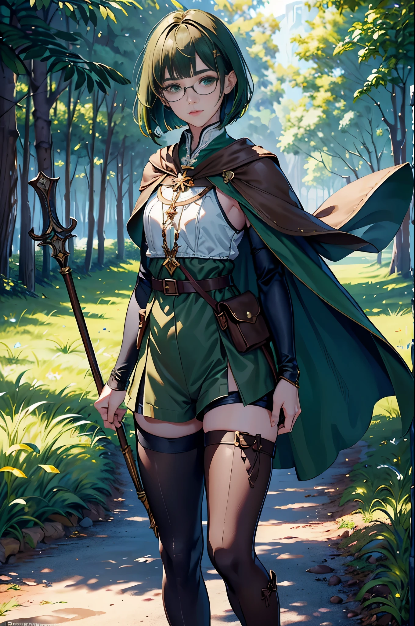 masterpiece, ultra detailed, 8k portrait, RAW photo, portrait photography, highly detailed face, beautiful and meticulous eyes, ((Fantasy)), Young beautiful, 15 years old, , dynamic pose, (((short deep green bobbed hair))), blunt bangs, White skin color, glasses, Luxury, (((tunic and short pants))), (((brown cape))), (((little waist hip pouch))), (((dark thigh high tights))), high cut leather boots, ((holding long magical staff)), Midday Sun, hyper realistic, slender body, flat chest, Long legs, on the medieval road, Ambient lighting, Shadow details , Camera focus on face, strong breeze, Light fog