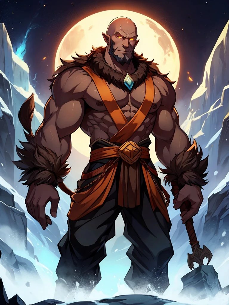 The God of Earth, jotun, fur, giant, bald, no hair, glowing eyes, pants, sash