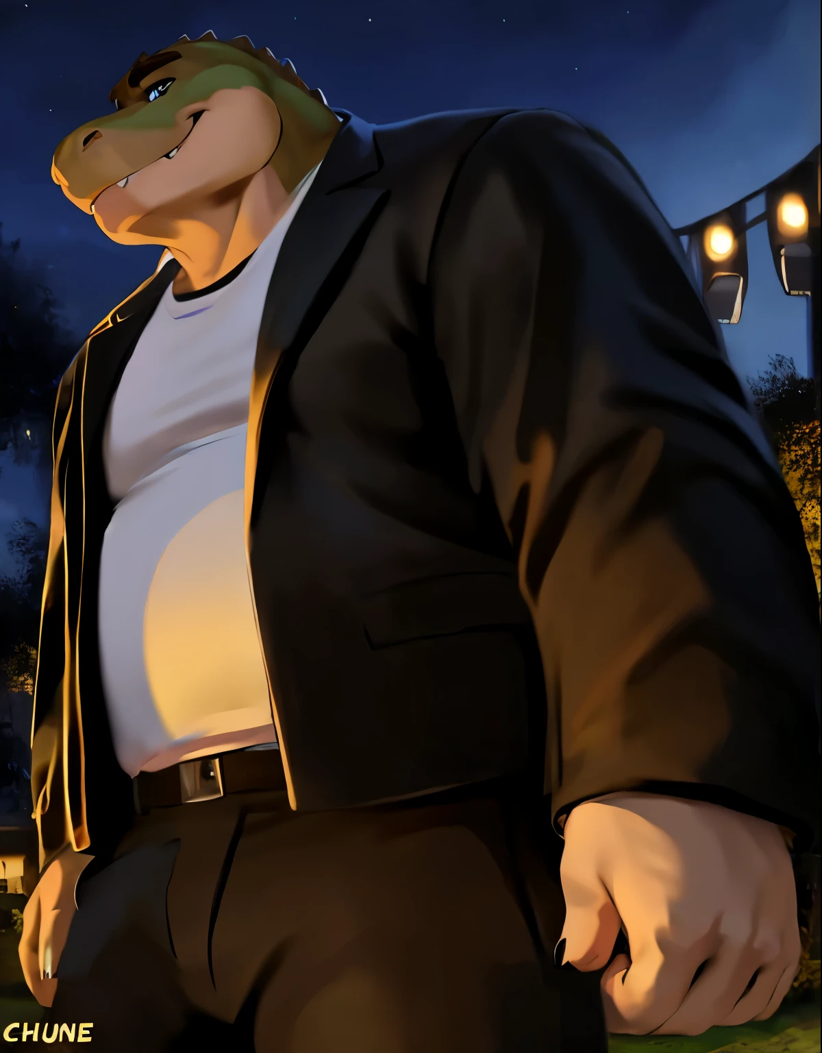 by chunie, alligator , blue eyes ,clothed, standing, park, manly, looking at viewer, plump ,close up, solo, portrait , casual wear, night, chubby