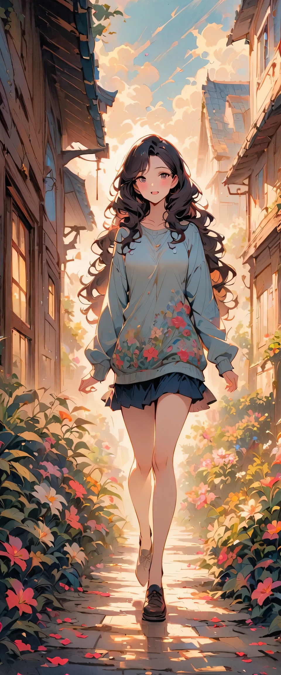 vintage movie, medium shot, depth of field, 1 girl walking, Mix 4, sweater, Mouth, Open_Mouth, alone, traditional media, wavy fine hair, long hair, Sunlight, (Beautiful and detailed makeup), blush, Stepping on the bluestone, Floral theme petals scattered, (Soft light blooms:0.5)
