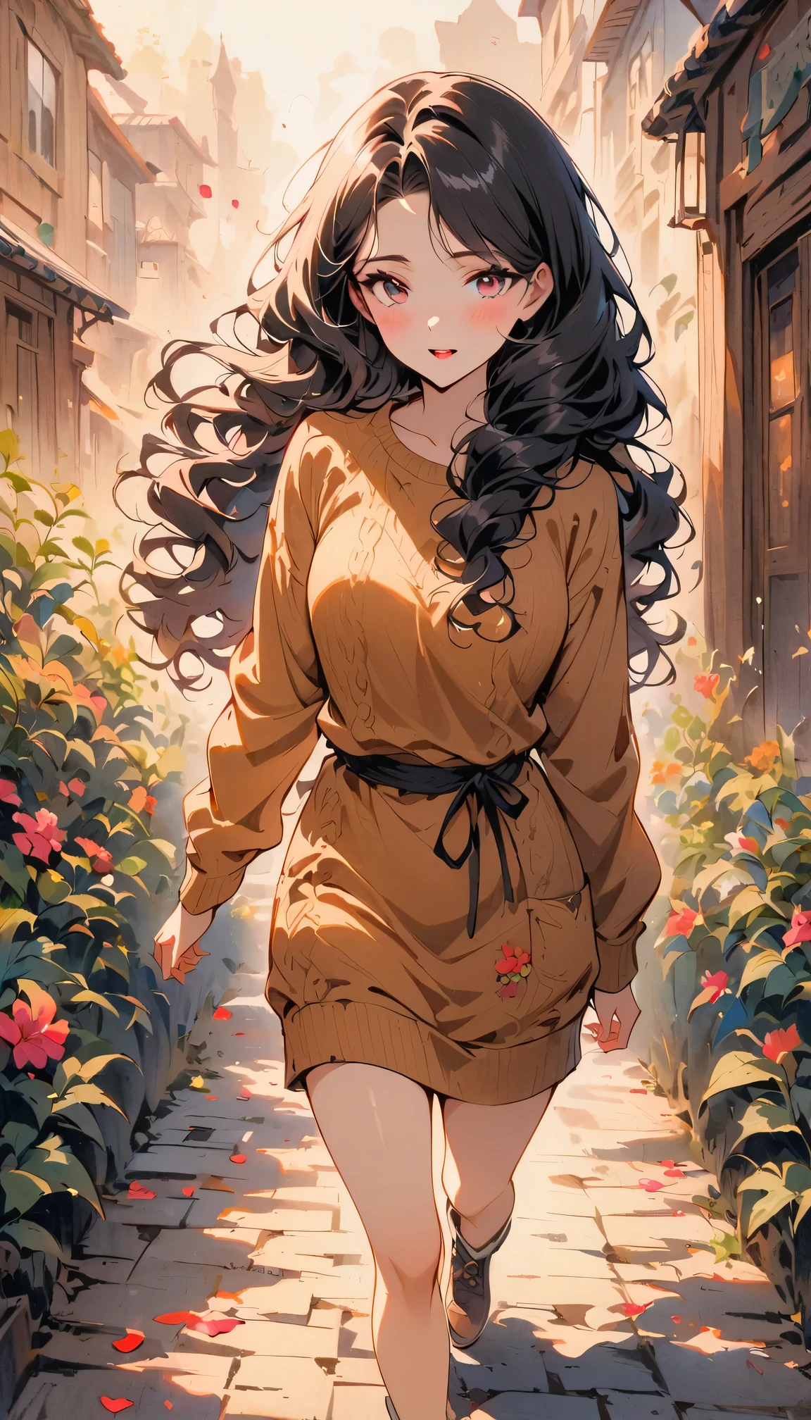 vintage movie, medium shot, depth of field, 1 girl walking, Mix 4, sweater, Mouth, Open_Mouth, alone, traditional media, wavy fine hair, long hair, Sunlight, (Beautiful and detailed makeup), blush, Stepping on the bluestone, Floral theme petals scattered, (Soft light blooms:0.5)