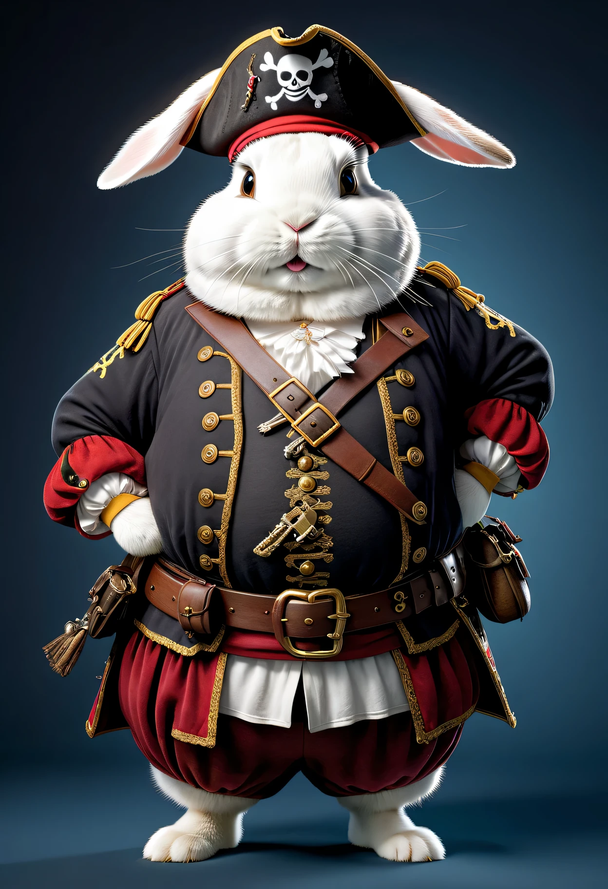photorealistic portrait of Dressed animals - a ((fat))  rabbit pirate,(hands on hips:1.2),(), high quality,(lovely) ,intricate details, highly detailed (( pirate costume)), wearing pirate cap , highly detailed pirate equipment , (happy), studio lighting,(flurry),(simple background)