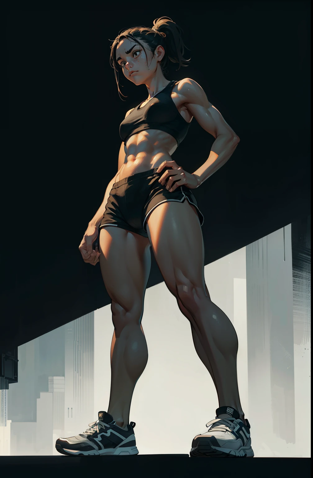 strong girl, gym shorts, bottom view, standing, sweaty, simple black background, simple lighting, lineart, digital painting, hard brush, perfect anatomy, perfect hands, standing with looks down on perspective, looks at the viewer from above, perspective view from below, holds a gym bar