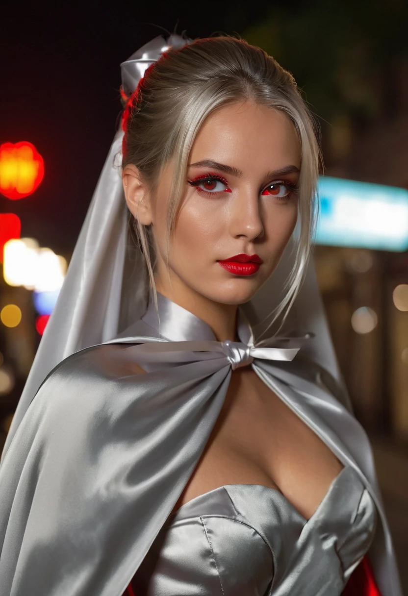 (RAW Photo) , (highly detailed:1.20) , ultra realistic :1.10) ,sexy girl in her 20s , (perfect face:1.20) , (detailed red pupils :1.20) , with long silver hair in ponytail , (((long silver satin cape tied at the neck with a ribbon :1.20))) , naked , full body, walking down street at night , high-quality ultra realistic style, detailed eyes, professional, expressive , 8K , highly detailed , professional,