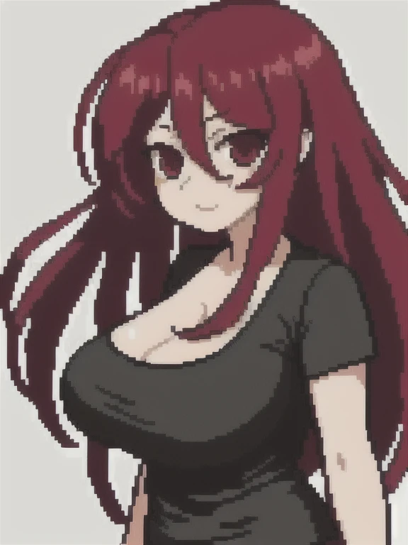 hcnone, pixel art, best quality, 1female, mature, girl, curvy body, long loose black T-shirt, (curly red hair), brown eyes, half body, gigantic breasts, detailed face and eyes, dynamic lighting
