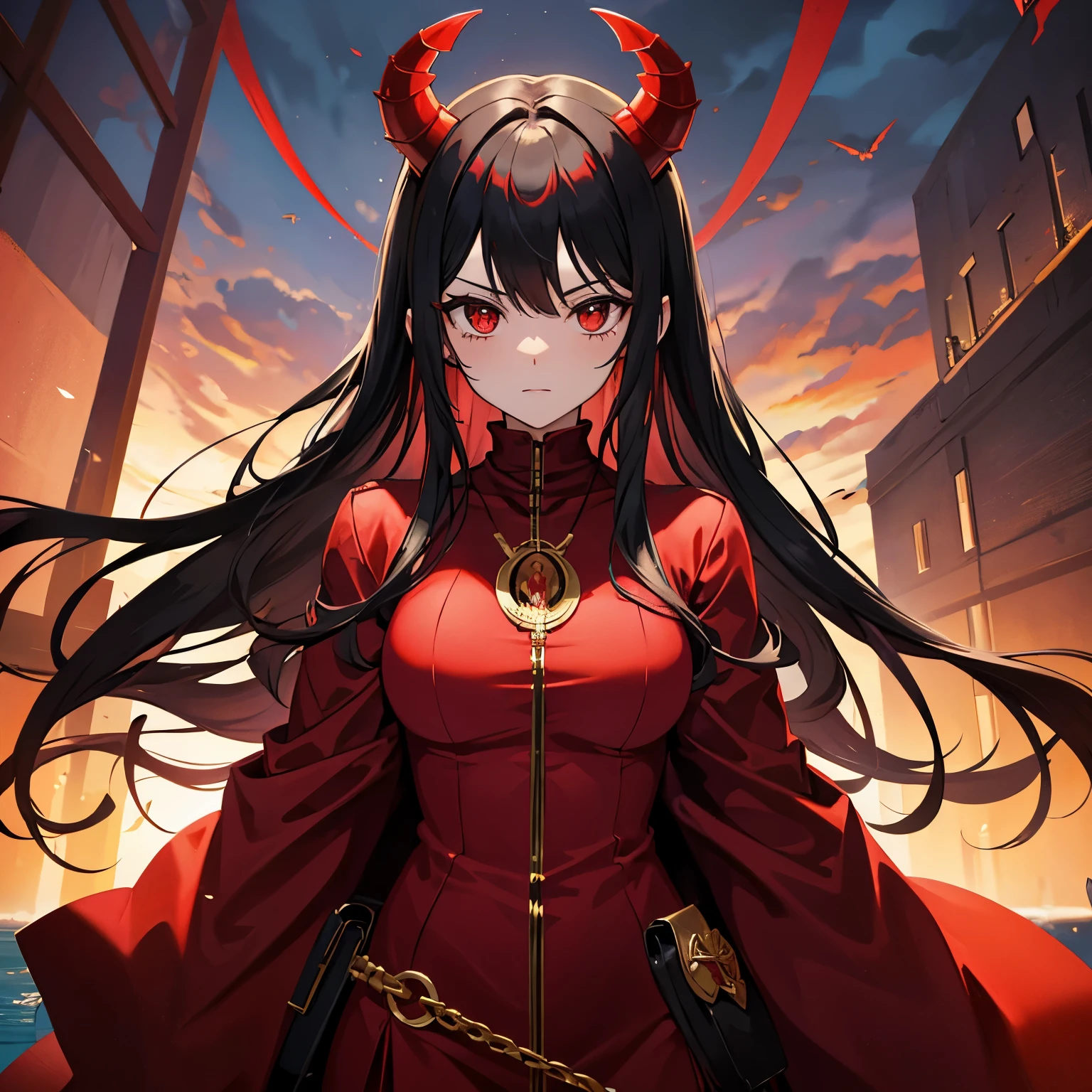 Anime girl with horns and red dress standing in a city - SeaArt AI