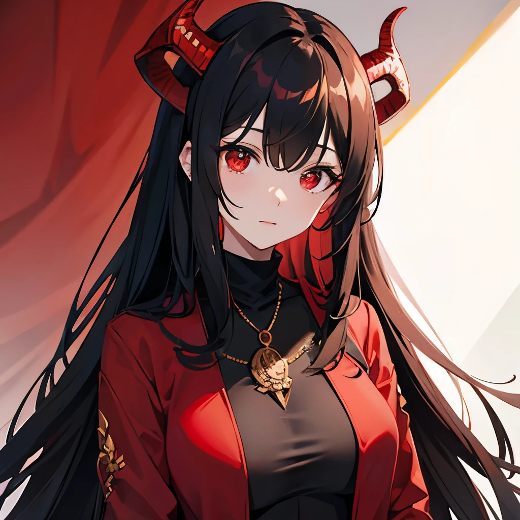 Female, red clothing, black hair, red horns, wearing black mask, golden red necklace, cute, white, turtle neck,revealing clothes, sexy, demon queen, evil, face