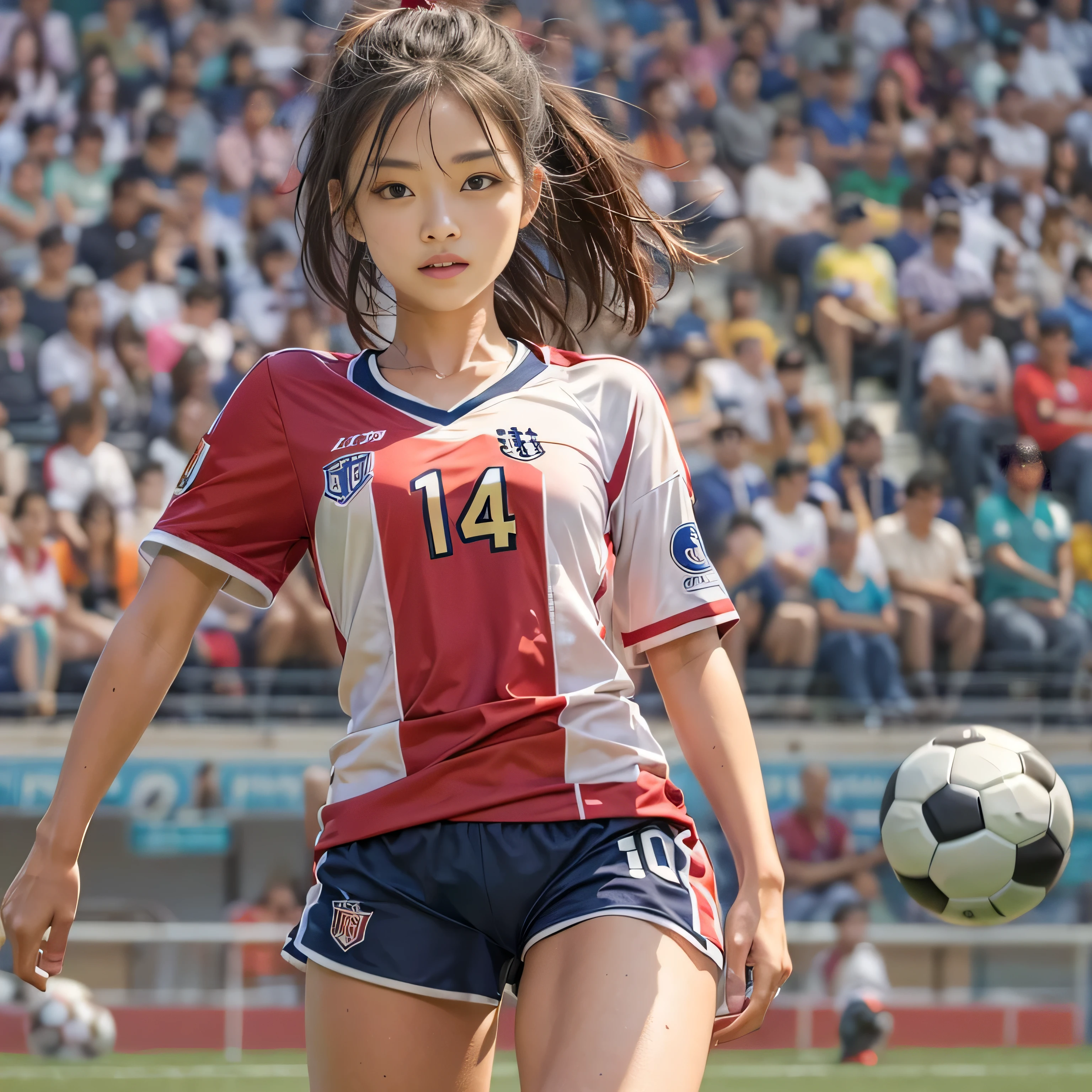 RAW image quality, (High resolution, highest quality, table top:1.4), (15 year old girl :1.3), sparkling skin, narrow waist, Large chest teeth above the skin, (Woman in football clothes:1.3), soccer uniform, short shorts, sweat a lot, (Above the football stadium:1.2), (Her panties are visible under her shorts:1.2), tight clothes, pubic hair, angry look, blush, beautiful background, (Only one ball:1.4), (Soccer ball with a diameter of 21 cm:1.4), Detailed CG image quality, biologically correct,