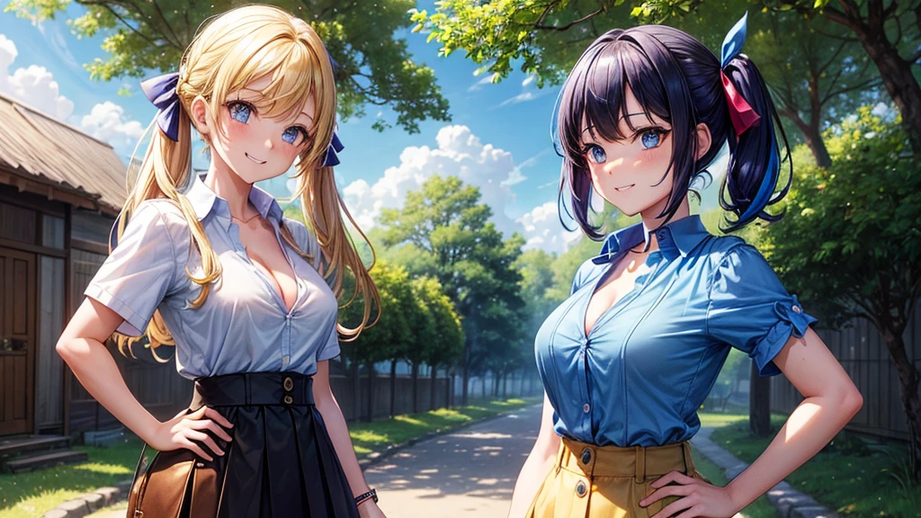 1girl, solo, summer, village, trees, sun, clouds, chestnut hair, side ponytail, large breasts, ((popping shirt buttons)), button down, unbuttoning buttons, ((taking off clothes)), bra, dark blue eyes, ((dark blue shirt)), ((unbuttoned shirt)), ((short sleeved shirt)), cleavage 1:3, black skirt, brown shoes, grin, looking at the viewer, standing, hair ribbon, golden necklate