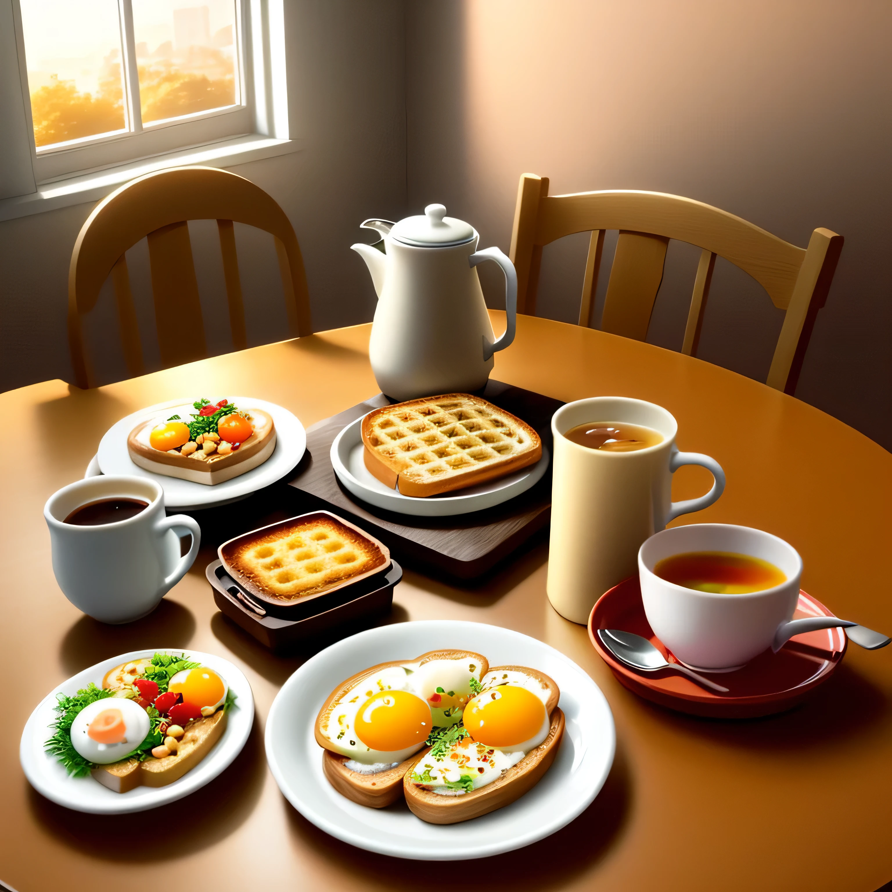 Eggs and toast、A hearty breakfast of tomatoes and smoky hot milk tea , pixar style , golden hour light,Warm colors