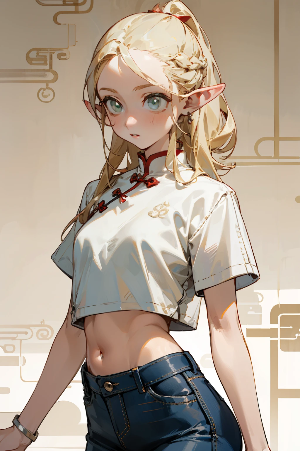 (masterpiece, best quality) detailed,silver accessories , Blonde ,elegant, pointed ears ，Chinese element pattern，Wear a white shirt and denim skirt,Navel exposed, 