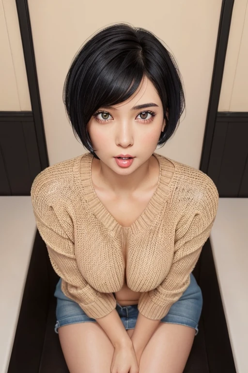 nsfw, huge tits, nude, (1 girl), beautiful face, (realistic face), (black hair, short hair:1.3), Beautiful Hairstyles, realistic eyes, detailed and beautiful eyes, disorganized, Charm, surreal, very detailed, golden ratio, cum on face, small sweater, cum in pussy, upskirt, teasing, cum in mouth, tits job, anal