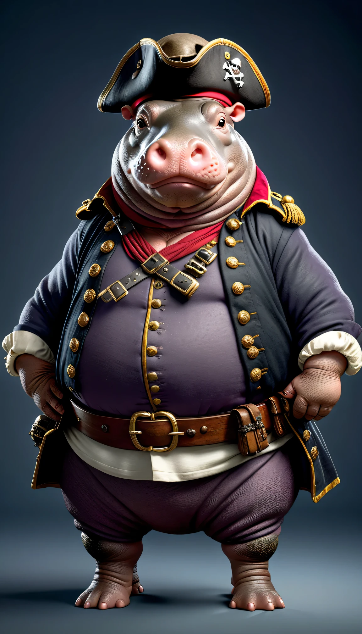photorealistic portrait of Dressed animals - a ((fat)) hippo pirate,(hands on hips:1.2),(), high quality,(lovely) ,intricate details, highly detailed (( pirate costume)), wearing pirate cap , highly detailed pirate equipment , (happy), studio lighting,(flurry),(simple background)