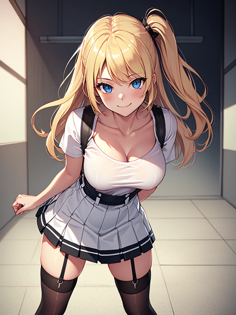  (highest quality, High resolution,  perfect pixel, Depth of bounds written, 4K), (detailed face), (1 girl), perfect body, blond hair, two side up, large breasts, white t-shirt, (black suspender skirt), (kneehighs), standing, leaning forward, light smile,