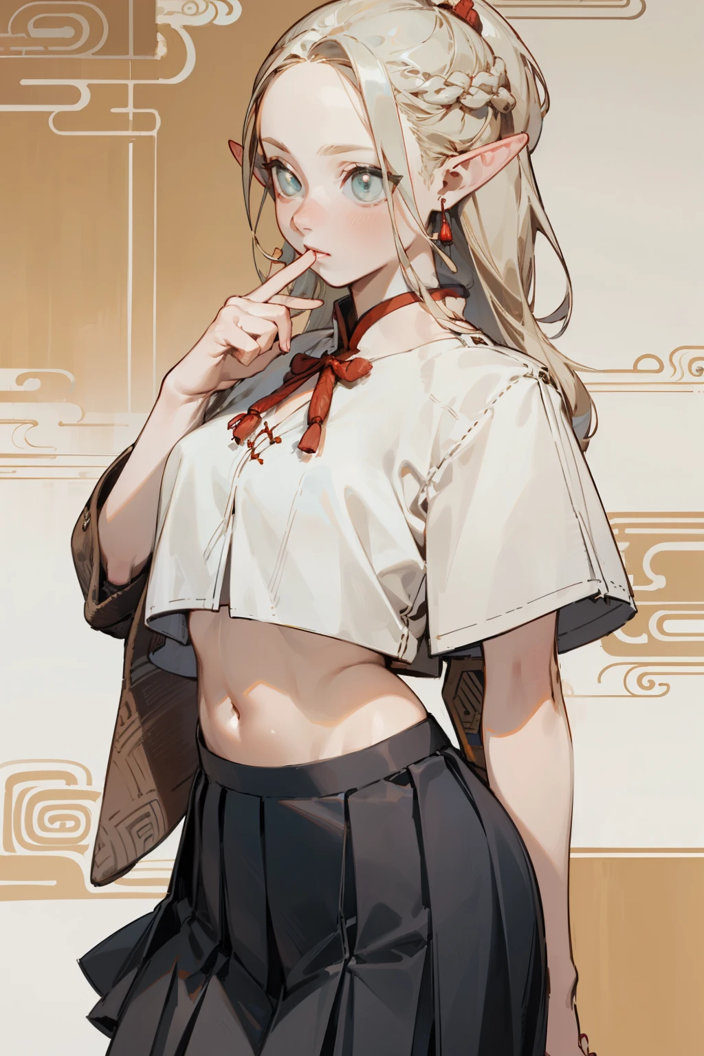 (masterpiece, best quality) detailed,silver accessories , Blonde ,elegant, pointed ears ,Chinese element pattern,Wear a white shirt and pleated skirt,Navel exposed,