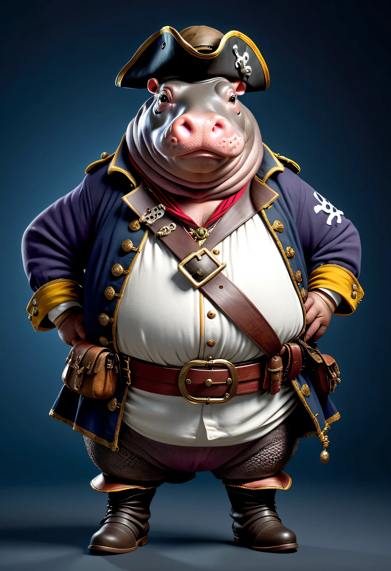 photorealistic portrait of Dressed animals - a ((fat)) hippo pirate,(hands on hips:1.2),(), high quality,(lovely) ,intricate details, highly detailed (( pirate costume)), wearing pirate hat and boots , highly detailed pirate equipment , (happy), studio lighting,(flurry),(simple background)
