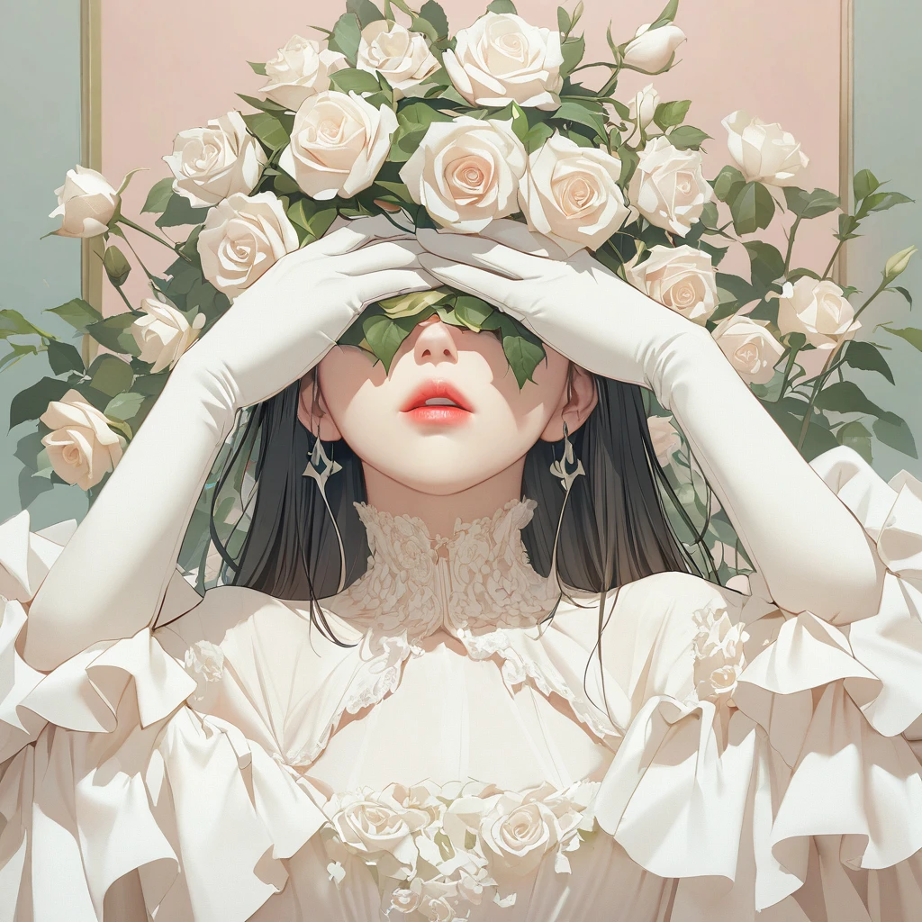 (obra maestra, Mejor calidad:1.2), A beautiful woman with flowers covering her eyes, hermoso vestido de encaje, elfica con orejas en punta, enredaderas alrededor de su cuerpo 