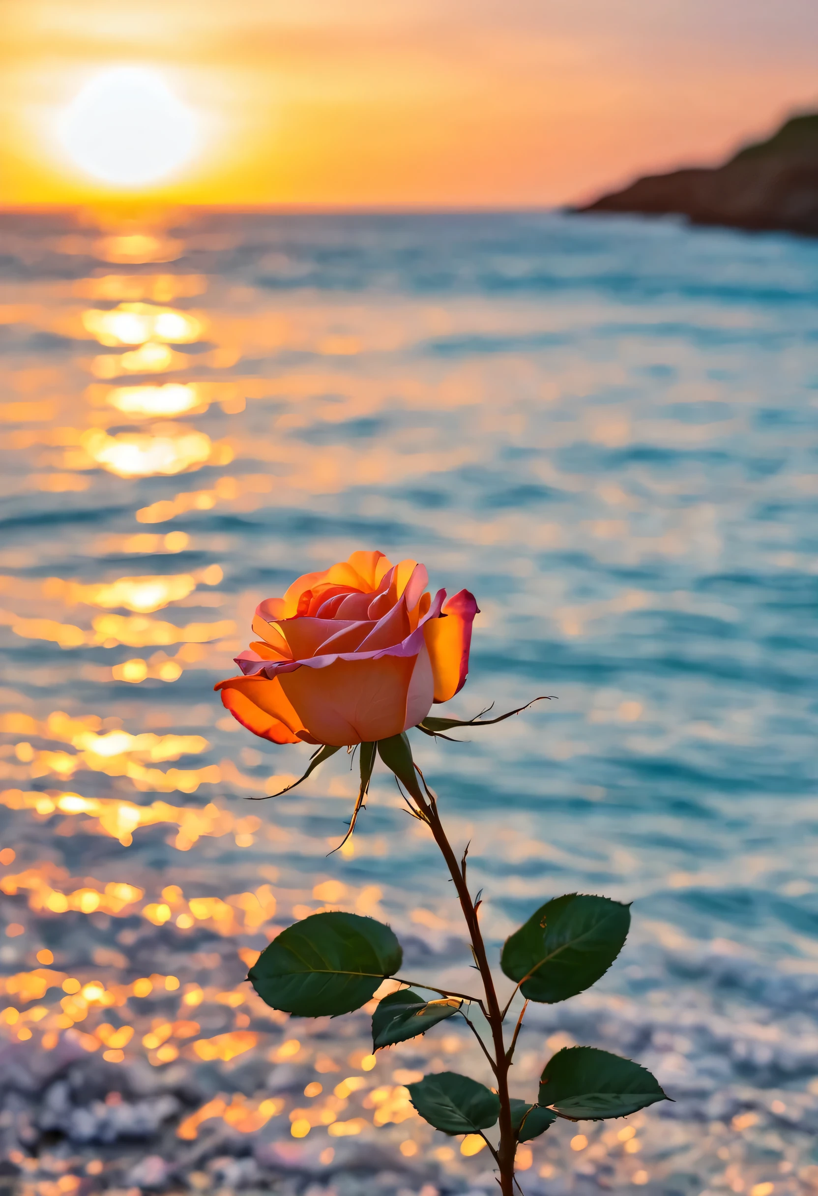 close-up, A rose, The background is a gorgeous sunset at the seaside, real texture, warm